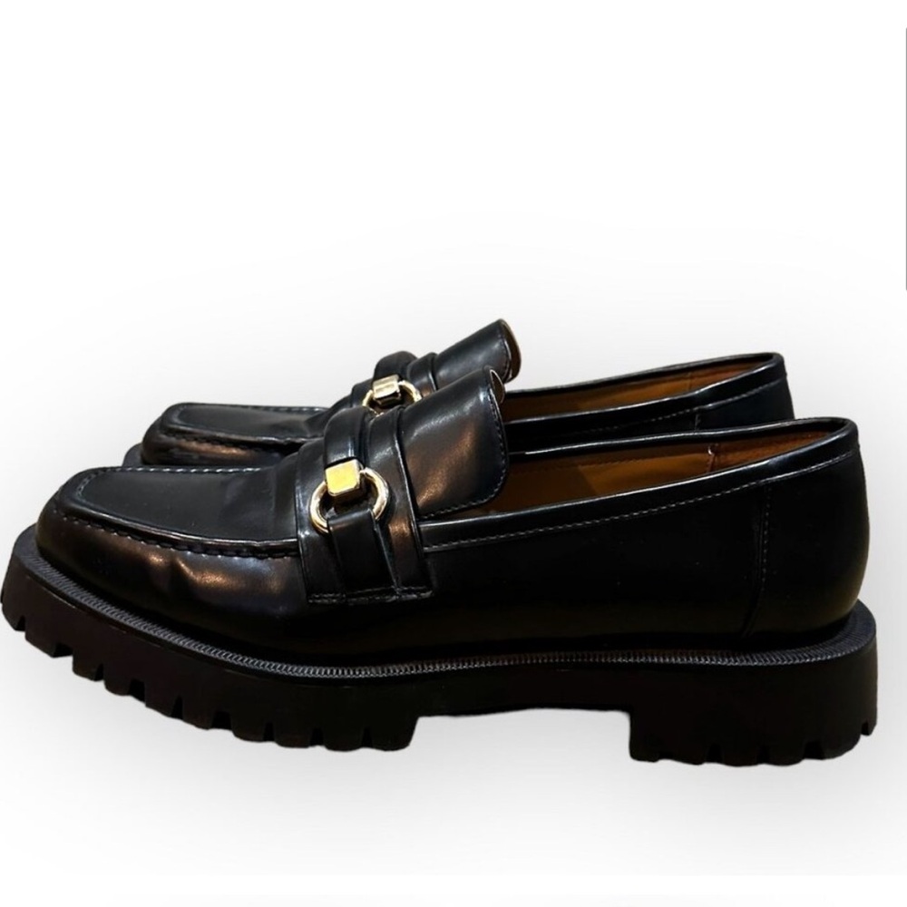 Zara Women’s Black Leather Buckle Lug Sole Loafers Chunky Horse bit